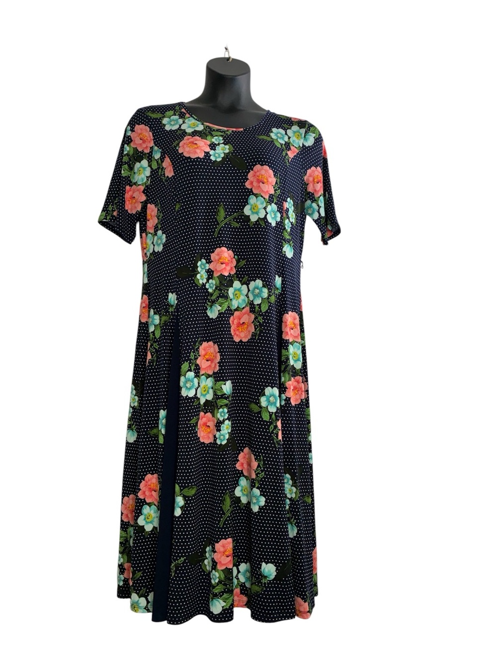 Nina Leonard Navy Floral Midi Dress with Coral & Aqua Blooms